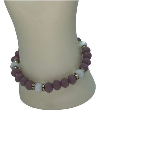Purple White Beaded Silver-Tone Tree of Life Pendant Rhinestone Stretch Bracelet - Picture 6 of 9